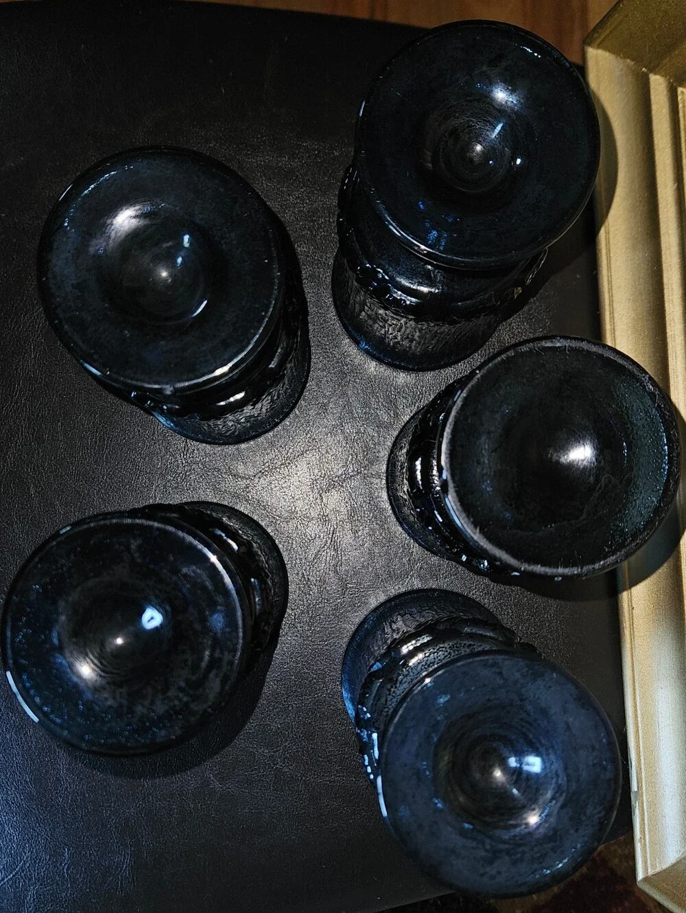 5 Vtg Fostoria Sorrento Blue Heavy Glass Goblets w Bark Texture & Twisted Stems